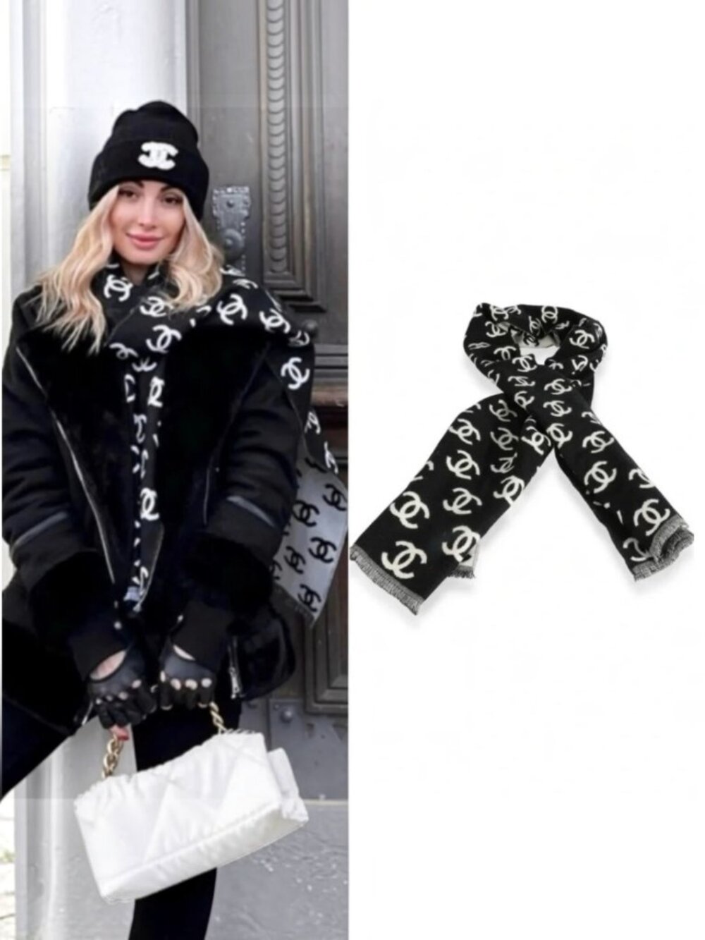 Coco Chanel black and white reversible scarf wrap cashmere blend
